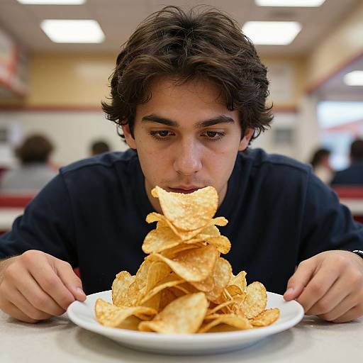 Focused Young Man Stacking Potato Chips