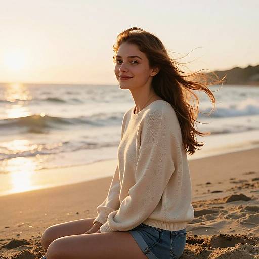 Photograph of a smiling young woman with long brown hair, wearing a white knit sweater and denim shorts, sitting on a sandy beach at sunset with waves