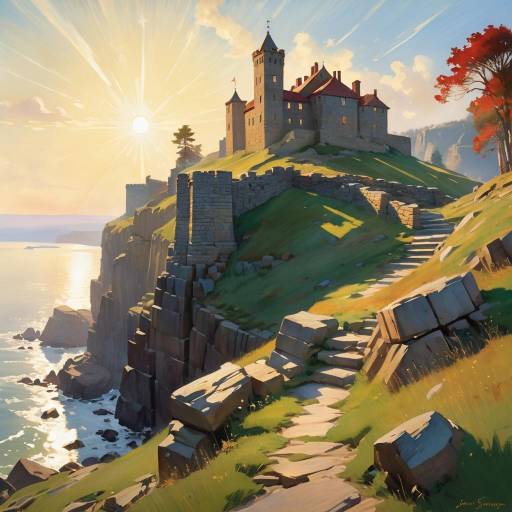 Sunlit Castle on Cliffside Path