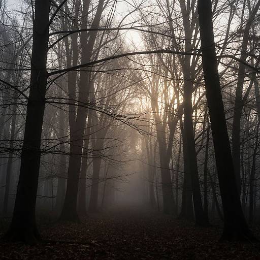 Photograph of a foggy, leafless forest at sunrise, with tall, dark trees silhouetted against a bright, misty sky.