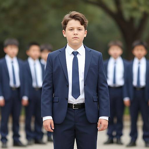 Young Boy in Navy Suit Outdoors