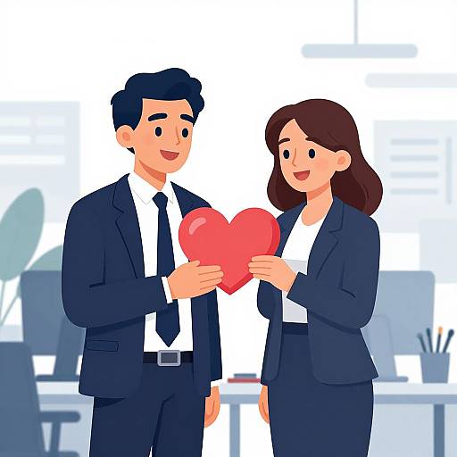 Cartoon-style illustration of a smiling man and woman in black suits holding a red heart in a modern office.