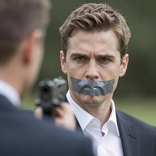 Man with duct tape gag facing gunman