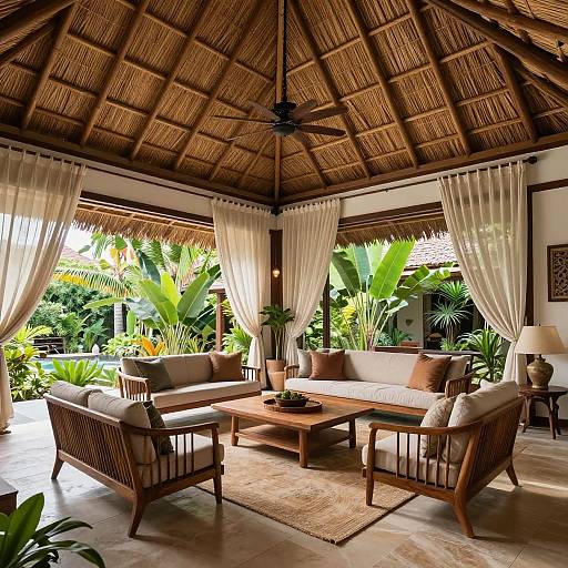 Photograph of a tropical, open-air living room with wicker furniture, white curtains, wooden ceiling, and lush green garden view.