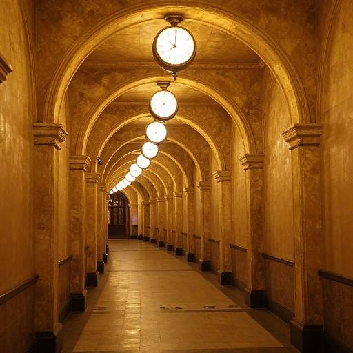 Photograph of a warmly lit, ornate, arched hallway with multiple glowing spherical lights, textured beige walls, and tiled floor.