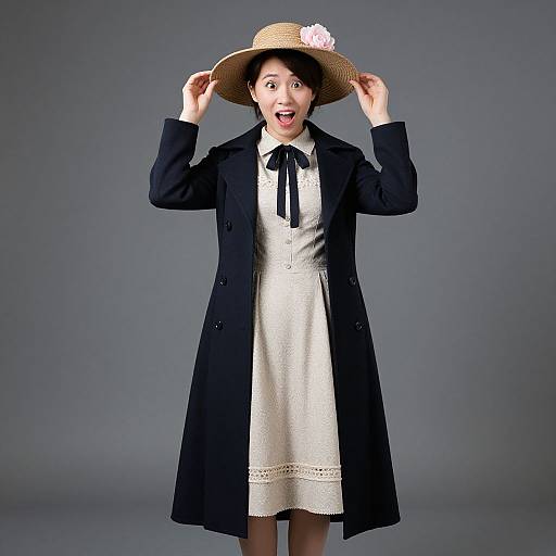 Photograph of a surprised Asian woman in a white dress, black coat, and straw hat with pink flower, holding hat brim against a gray background