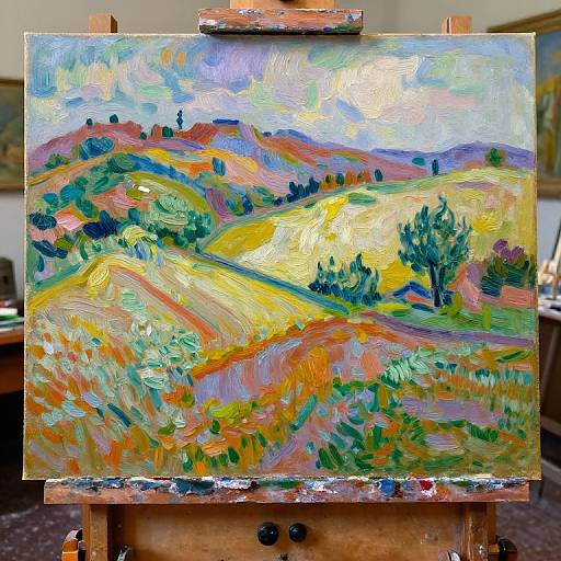 Vibrant oil painting on easel depicting colorful, rolling hills with trees, using thick, expressive brushstrokes in bright hues of yellow, green