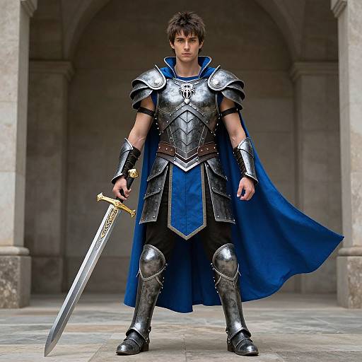 Photorealistic CGI of a young man in silver armor with a blue cape, holding a sword, standing in a stone archway.