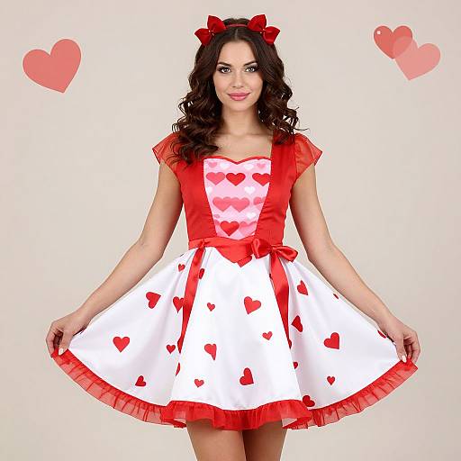 Photograph of a smiling woman with long dark hair, wearing a red and white heart-patterned dress, red ribbon accents, and a red headband