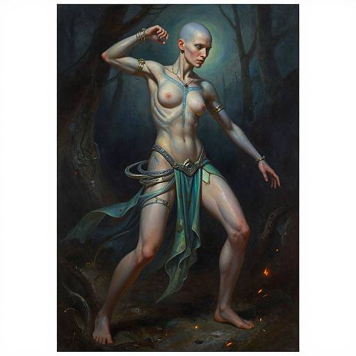 Digital painting of a bald, pale-skinned, topless, muscular female warrior with small breasts, wearing a green loincloth and arm bracelets,