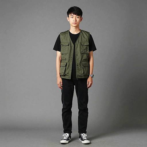 Photograph of a young Asian male with short black hair, wearing a green vest, black t-shirt, black pants, and white sneakers, standing against