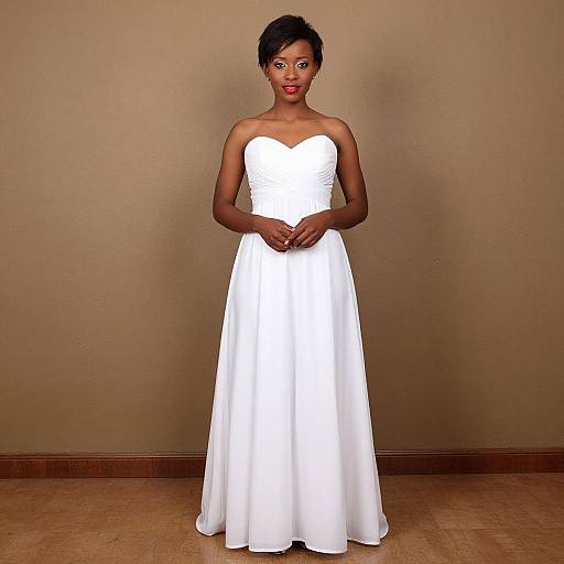 Photograph of a dark-skinned woman with short black hair, wearing a strapless, white, floor-length wedding gown, standing against a beige wall