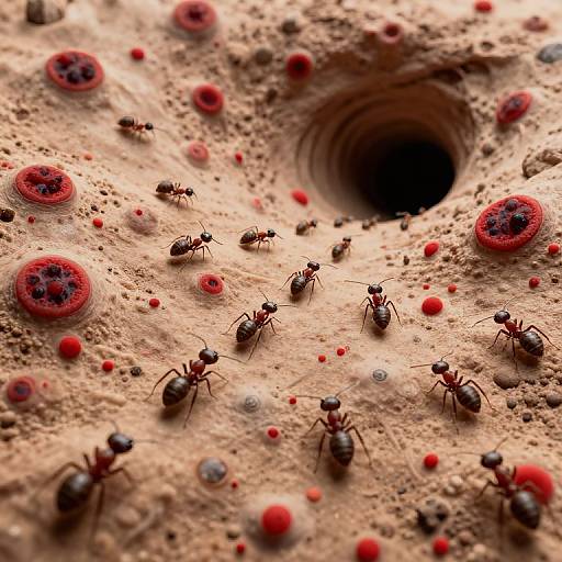 Close-up photograph of numerous black ants crawling on a textured, beige surface with red and black circular structures, converging towards a dark central hole.