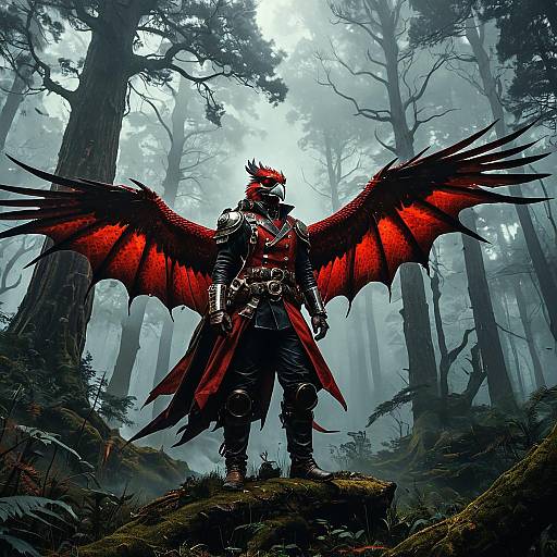Anthropomorphic Red Dragon Hawk in Foggy Forest