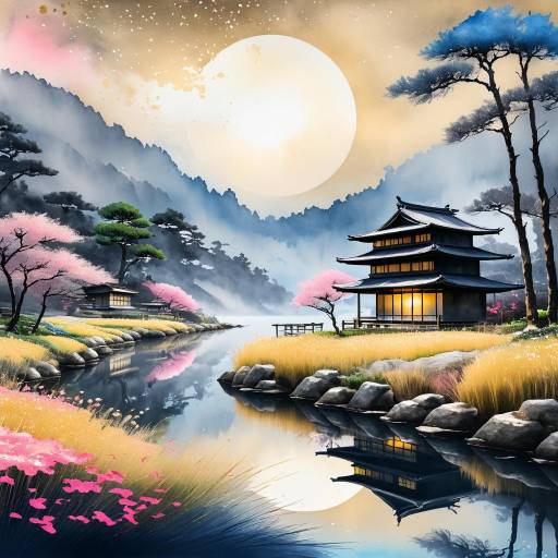 Japanese Waterside Shrine with Cherry Blossoms