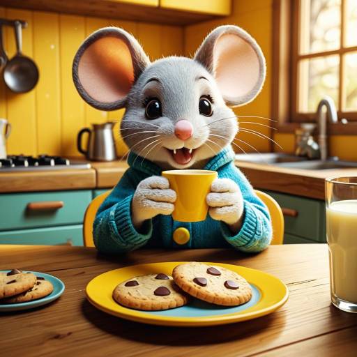 Cute Cartoon Mouse Enjoying Cookies in Cozy Kitchen