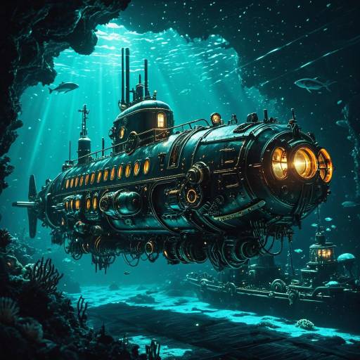 Steampunk Submarine in Bioluminescent Ocean