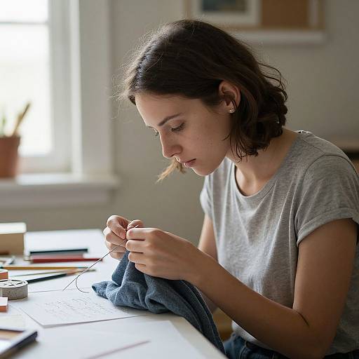 Photograph of a focused young woman with short brown hair, wearing a gray t-shirt, sewing a small garment on a white table. Bright natural light