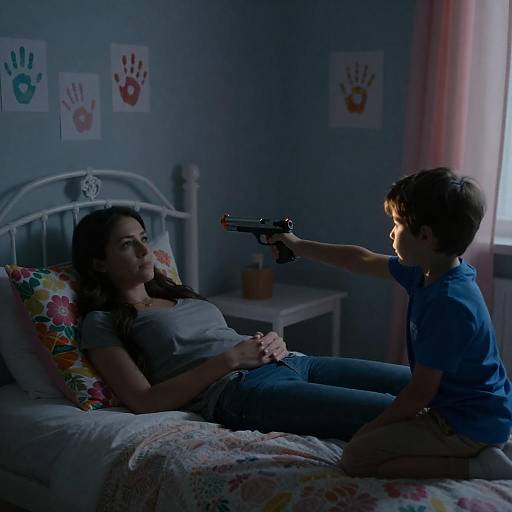 Dimly Lit Bedroom Toy-Gun Scene