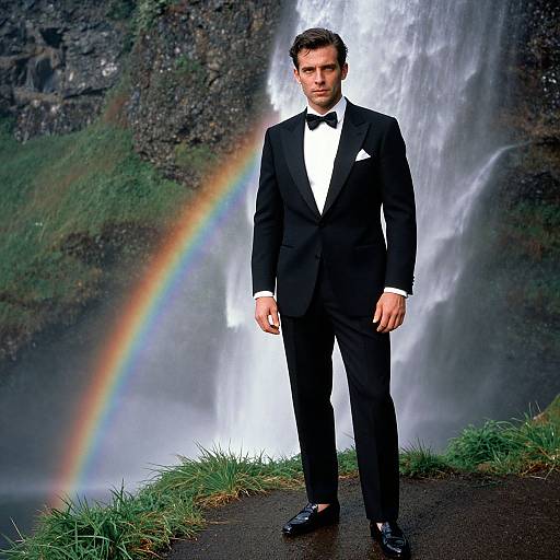 Photograph of a handsome man in a black tuxedo with a white shirt and black bow tie, standing in front of a waterfall and rainbow,