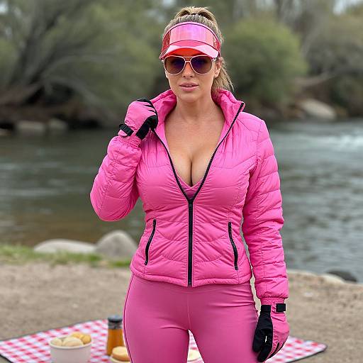 Photograph of a fit woman with fair skin, wearing a pink puffer jacket, matching pink leggings, sunglasses, and a pink visor, standing