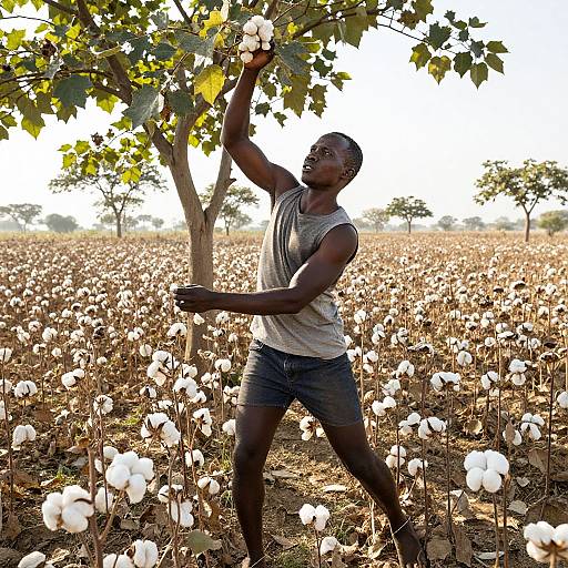 Photograph of a muscular Black man in a gray tank top and blue shorts, joyfully plucking cotton from a tree in a sunlit, expansive