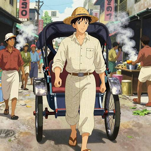 Anime-style illustration of a young Asian man in a straw hat and white outfit, pushing a rickshaw in a bustling, steam-filled street market.