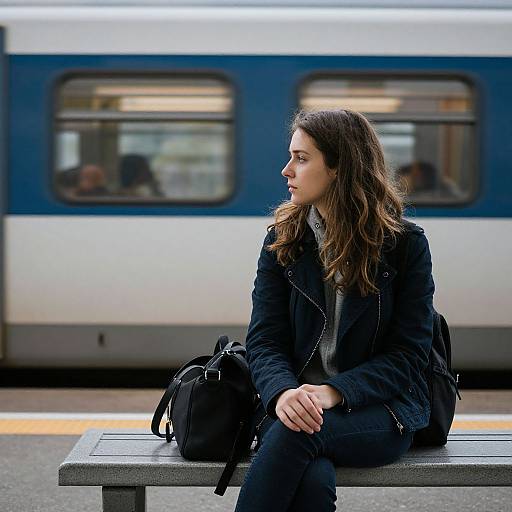 Photograph of a young woman with wavy brown hair, wearing a black jacket and jeans, sitting on a bench at a train station, looking to