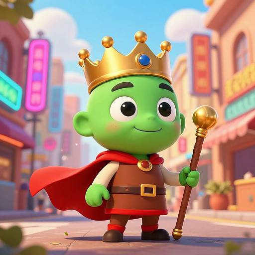 Cheerful Crowned Cartoon Character in Neon City