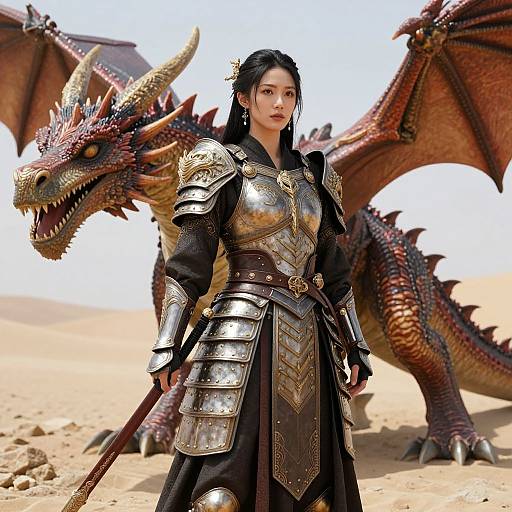 Asian woman in detailed medieval armor stands confidently with a red-scaled dragon in a desert, holding a sword in her right hand. CGI artwork.