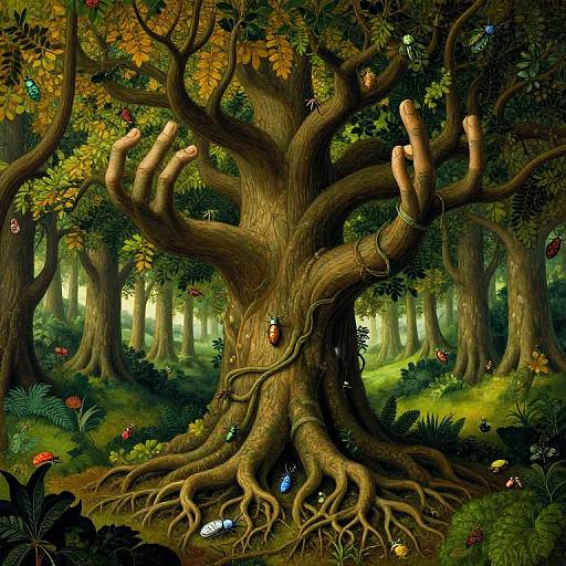 Digital fantasy art of a magical, gnarled tree with twisting branches, adorned with colorful butterflies, flowers, and small creatures in a lush, sun
