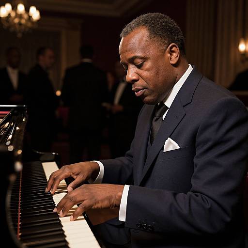 Photograph of a Black male pianist in a dark suit and white shirt, deeply focused on playing a grand piano in a dimly lit, elegant