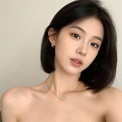 Photograph of an Asian woman with short black hair, fair skin, subtle makeup, wearing a gold necklace, no clothes visible, neutral background.