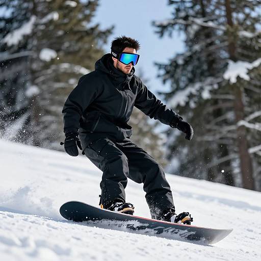 Photograph of a black-haired man snowboarding in a snowy forest, wearing black gear, blue-tinted goggles, and black gloves, with snow