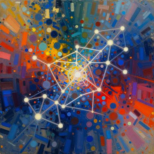Abstract digital artwork featuring a bright white star-like pattern amidst a chaotic blend of colorful circles, rectangles, and lines in red, blue, yellow, and