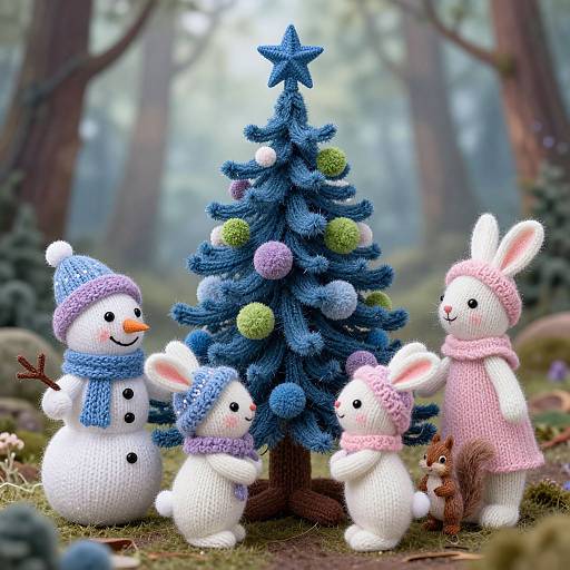 Photograph of crocheted Christmas scene: blue tree with green and purple ornaments, three white snowmen, two white rabbits in pink and blue hats
