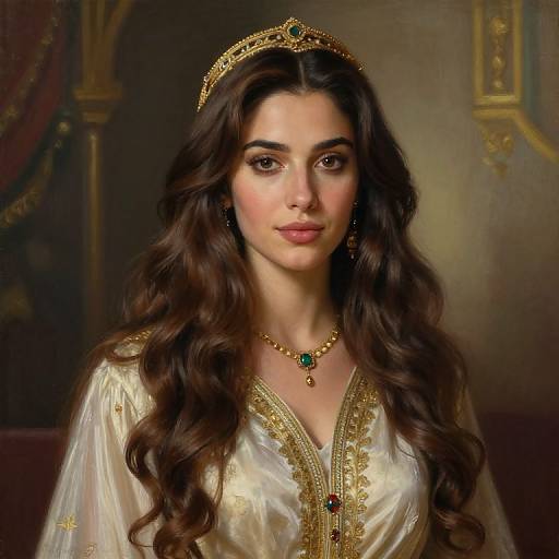 Digital painting of a beautiful woman with long, wavy brown hair, wearing a gold headpiece, white embroidered gown, and green jewelry, against a