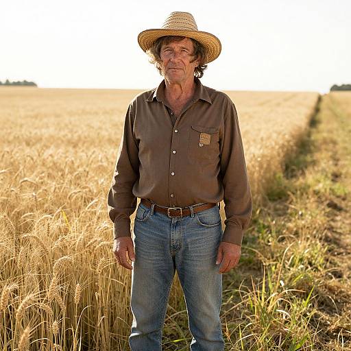 Photograph of an elderly white man with weathered skin, wearing a straw hat, brown shirt, blue jeans, standing in a golden wheat field.