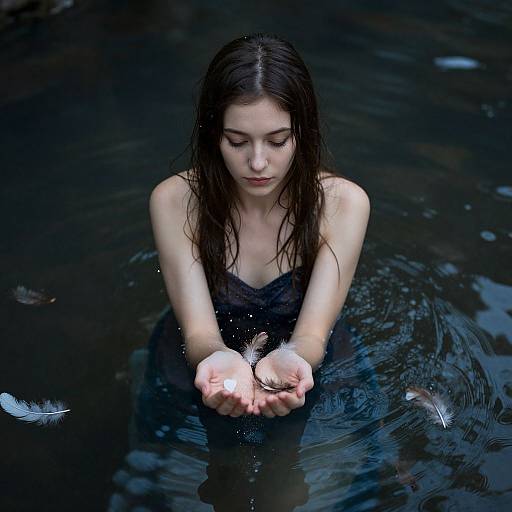 Photograph of a pale-skinned, dark-haired woman with wet, shoulder-length hair, wearing a black, sleeveless dress, cupping water in