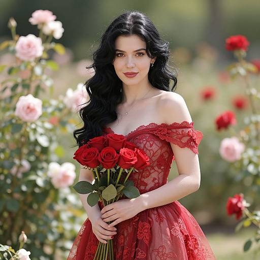Elegant Woman in Sunlit Rose Garden