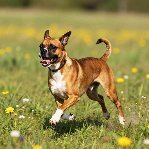 Energetic Female Boxer Running Wildflowers