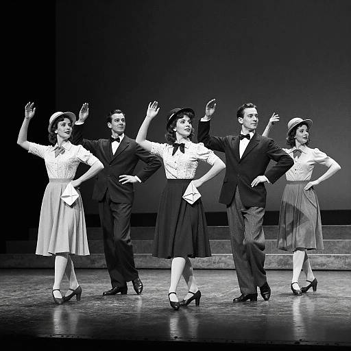 Black-and-white photograph of four dancers in 1940s-style outfits, standing in a line on stage, raising arms and smiling.