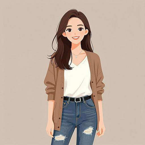 Digital illustration of a smiling young woman with long brown hair, wearing a brown cardigan, white V-neck top, blue ripped jeans, and black belt