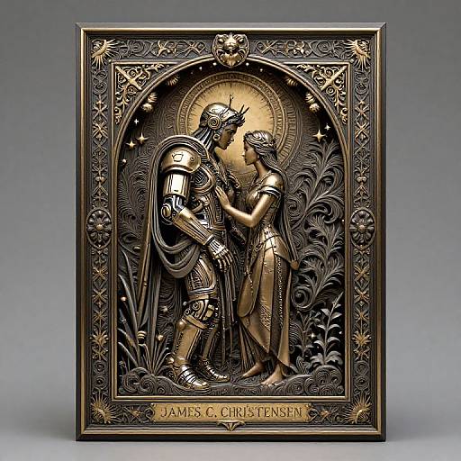 Artistic bronze relief of armored knight and robed woman, gazing at each other, surrounded by intricate patterns, with 