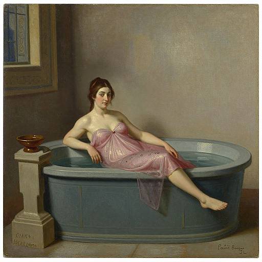 Oil painting of a pale-skinned woman with brown hair, in a pink, translucent dress, reclining in a blue bathtub, beside a pedestal with
