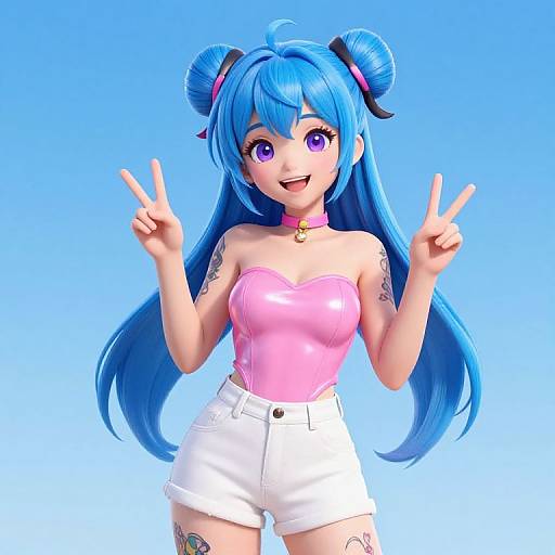 Digital anime-style drawing of a blue-haired girl with purple eyes, wearing a pink strapless top and white shorts, flashing double peace signs against a blue