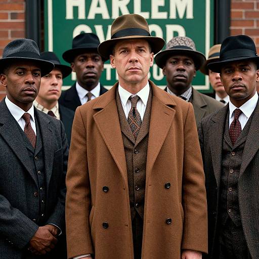 Photograph of a group of men in early 20th-century attire, centered on a white man in a brown overcoat and hat, surrounded by