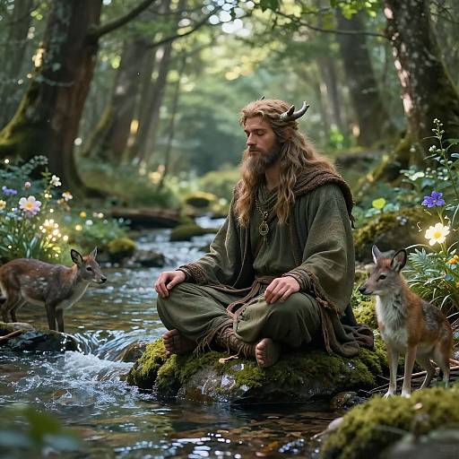 Serene Male Druid by Forest Stream