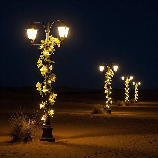 Night photograph of illuminated, flower-wreathed street lamps in a dark, sandy beach setting with sparse grass. Warm light contrasts with deep blue sky.