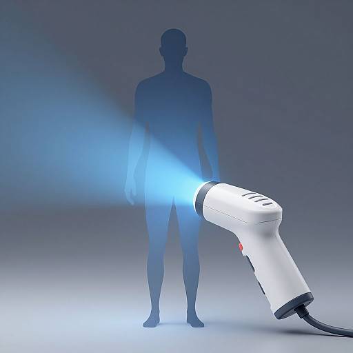 Silhouette of a person standing with a white, angled, handheld blue laser light pointing at their body. Background is a gradient from dark to light blue